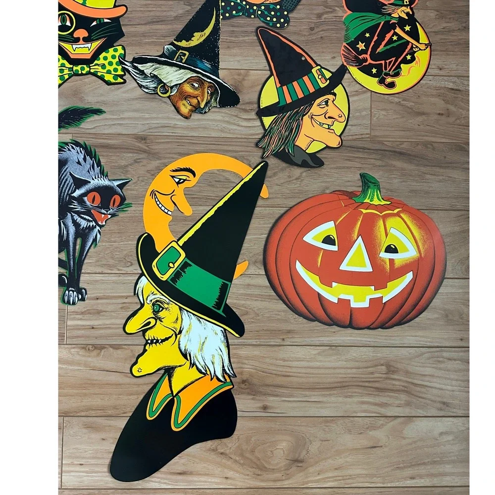 Beistle 16 Piece Reproduction Halloween Die Cut Decor Set Witches Cats Pumpkins